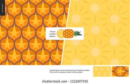 Food patterns - fruit, vector flat pineapple texture - two seamless patterns of brown pineapple rind full of orange spines and yellow juicy pulp, and flat simple entire pineapple with a round chunk