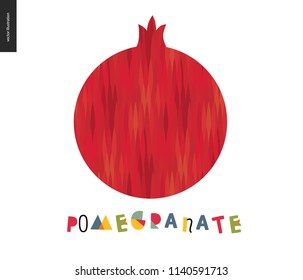 Food patterns - fruit, vector flat illustration of pomegranate - simple pomegranate, red uneven colored striped rind. Pomegranate lettering. Perfect for t-shirt, bag, other textile decoration