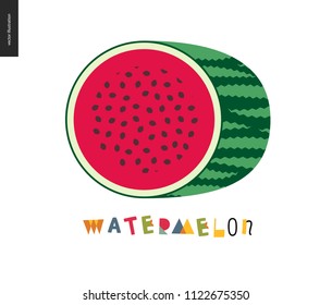 Food patterns - fruit, watermelon - half of striped watermelon on a white background, rind, pulp and black seeds - melon postcard, and lettering, perfect for t-shirt, bag or other textile decoration