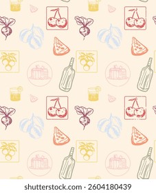 Food Patterns in hand drawn vector. fashion fabrics background. summer food fashion. colorful vector pattern design, fashion pattern in vector. vector tropical fruit design. t-shirt pattern design