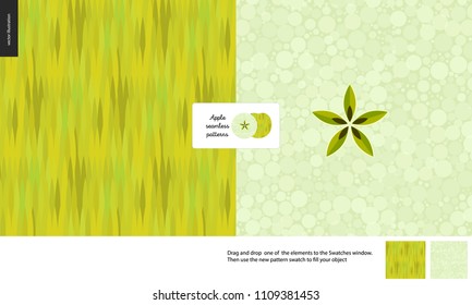 Food patterns, summer - fruit, apple texture, small half of green apple image in the center - two seamless patterns of the apple white greenish pulp with seeds and light green rind, green background