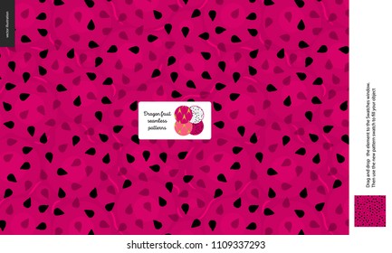 Food Patterns, Summer - Fruit, Dragonfruit Texture, Small Half Of A Dragon Fruit Image In The Center - A Seamless Pattern Of The Red Dragonfruit Sweet Pulp On The Purple Background, Pitahaya