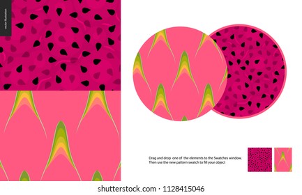 Food patterns, summer - fruit, dragonfruit seamless texture- two seamless patterns of pink dragonfruit rind with little green yellow thorns and purple sweet firm pulp with black seeds - pitahaya fruit
