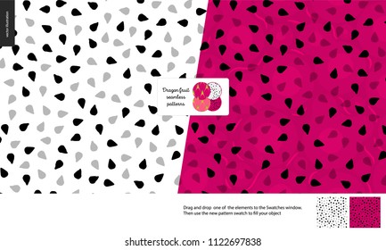 Food patterns, summer - fruit, flat vector illustration, dragonfruit texture, small half of dragon fruit image in center - two seamless patterns of white and red pitahaya dragonfruit sweet pulp