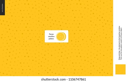 Food patterns, summer - fruit, lemon peel texture, tiny half of orange image in the center - a seamless pattern of the lemon rind with little holes, aril, peel, skin, healthy vitamin fruit