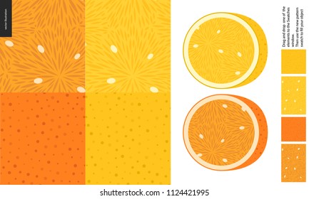 Food patterns, summer - fruit, lemon and orange texture, half of lemon and orange on side- four seamless patterns of pulp full of white seeds, rind with little holes, yellow and orange background