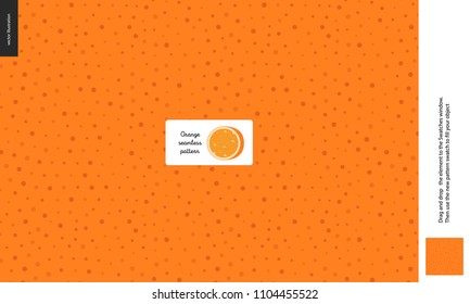 Food patterns, summer - fruit, orange texture, tiny half of orange image in the center - a seamless pattern of the orange rind with little holes, aril, peel, skin, healthy vitamin fruit