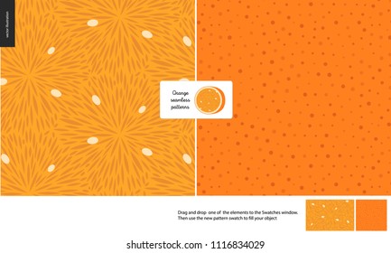 Food patterns, summer - fruit, orange texture, small half of an orange image in the center - two seamless patterns of the orange pulp full of white seeds and rind with little holes, orange background