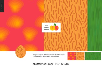 Food patterns, summer - fruit, peach texture, half of peach image in center - three seamless patterns of peach yellow orange smooth firm rind, seed with grainy smooth texture and green leaf pattern