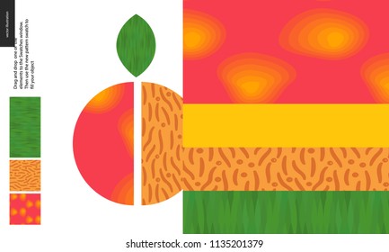 Patrones alimentarios, verano - fruta, textura de melocotón, mitad de la imagen de melocotón en un lado - cuatro patrones de pulpa firme de melocotón, corteza lisa anaranjada amarilla, semilla desnuda de textura suave granulada, hoja verde