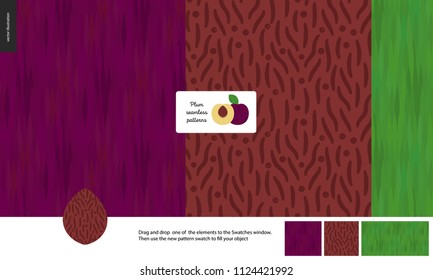 Food patterns, summer - fruit, plum texture, half of plum image in center - three seamless patterns of plum dark purple firm rind, brown seed with grainy smooth texture and green leaf pattern - fruit
