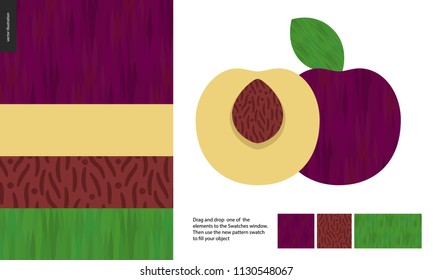 Patrones alimentarios, verano - fruta, textura de ciruela, mitad de la imagen de ciruela en costado- cuatro patrones sin soldadura de pulpa de nudo amarillo firme de ciruela, corteza lisa púrpura, semilla marrón de textura suave granulada, hoja verde