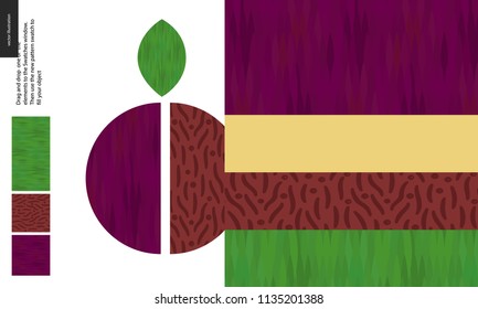 Nahrungsmuster, Sommerfrucht, Pflaumenstruktur, Halbbild auf der Seite - vier nahtlose Muster aus Pflaumenholz, feiner, violetter, glatter, brauner Samen mit grauem, glattem, grünem Laub