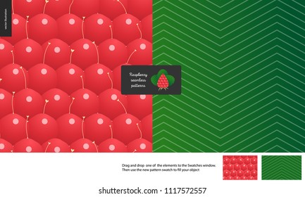 Food patterns, summer - fruit, raspberry peel texture, flat vector illustration, two seamless patterns of the raspberry rind with little white styles and green leaf striped pattern, vitamin berry