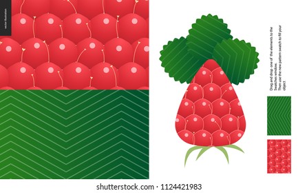 Food patterns, summer - fruit, raspberry peel texture, flat vector illustration, two seamless patterns of the raspberry rind with little white styles and green leaf striped pattern, vitamin berry