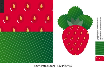 Padrões alimentares, verão - fruta, textura de casca de framboesa, ilustração de vetor plana, dois padrões sem costura da casca de framboesa com pequenos estilos brancos e padrão listrado de folha verde, baga de vitamina