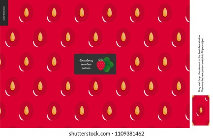 Food patterns, summer - fruit, strawberry peel texture, tiny strawberry image in the center - a seamless pattern of the strawberry rind with little white seeds, aril, peel, skin, healthy vitamin berry