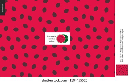 Food patterns, summer - fruit, watermelon texture, melon - a seamless pattern of watermelon flesh pulp full of white and black seeds on the red pink background, half of whatermelon image in the center