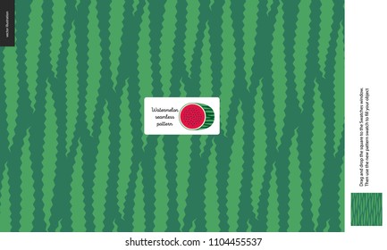 Food patterns, summer - fruit, watermelon texture, melon, light green and dark green, half of watermelon image in center, peel, skin, outside form - a seamless pattern of watermelon rind background