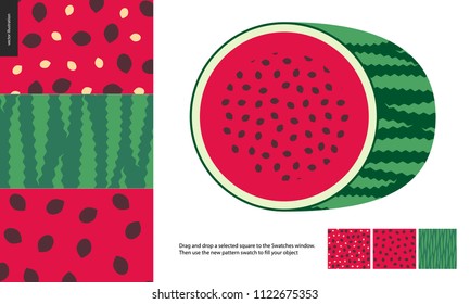 Food patterns, summer - fruit, watermelon texture, melon - seamless patterns of watermelon flesh pulp full of white and black seeds, light green and dark green rind, half of watermelon image on side