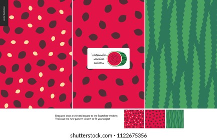 Food patterns, summer - fruit, watermelon texture, melon - seamless patterns of watermelon flesh pulp full of white and black seeds, light green and dark green rind, half of watermelon image in center
