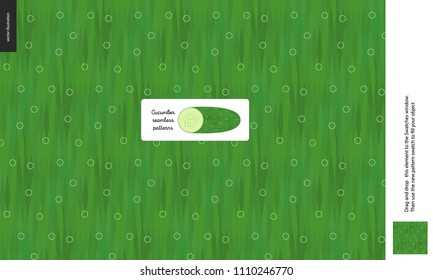 Food patterns, summer - vegetable, cucumber texture, small half of cucumber image in the center - a seamless pattern of cucumber fresh dark green rind, skin, with stripes, on the green background