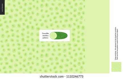 Food patterns, summer - vegetable, cucumber texture, small half of cucumber image in the center - a seamless pattern of cucumber fresh pulp full of green seeds on the green background