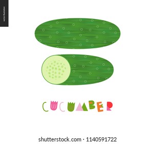 Food patterns, summer - vegetable, flat vector illustration- a ripe cucumber with dark green fresh striped rind, white greenish rind and lettering, perfect for t-shirt, bag or other textile decoration