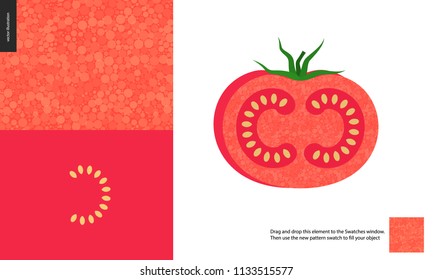 Food patterns, summer - vegetable fruit, tomato texture, small half of tomato image by the side - two seamless patterns of tomato fresh red pulp full of white redish seeds, on the red background