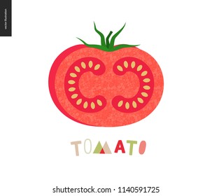 Padrões alimentares, verão - frutas vegetais, ilustração vetorial plana- um tomate maduro com casca vermelha, polpa vermelha, sementes brancas, folhas verdes e letras de tomate, perfeito para t-shirt, saco ou decoração têxtil