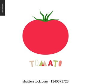 Food patterns, summer - vegetable fruit, flat vector illustration- a ripe tomato with red rind, green leaves and Tomato lettering, perfect for t-shirt, bag or other textile decoration