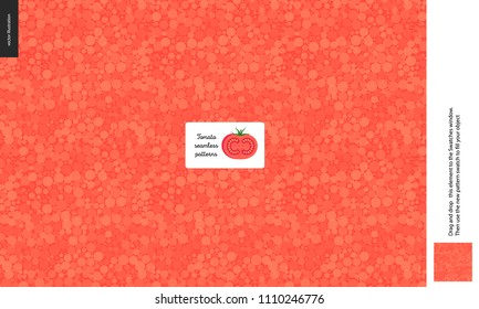 Food patterns, summer - vegetable, tomato texture, small half of tomato image in the center - a seamless pattern of tomato fresh red pulp full of white redish seeds, on the red background