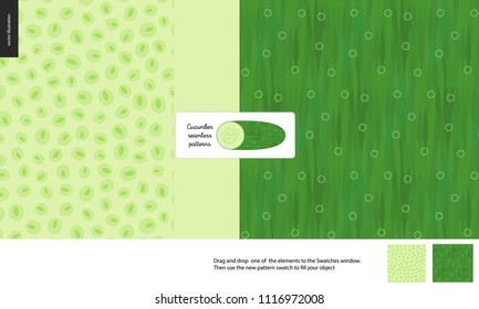 Food patterns, vegetable, flat vector illustration -cucumber texture, small half of cucumber image and two seamless patterns of cucumber fresh pulp full of green seeds and dark green rind