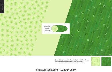 Food patterns, vegetable, flat vector illustration -cucumber texture, small half of cucumber image and two seamless patterns of cucumber fresh pulp full of green seeds and dark green rind