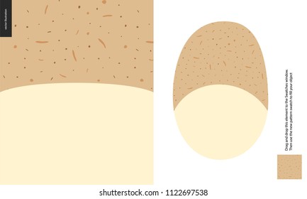 Food patterns, vegetable, flat vector illustration - potato peel texture - small cut potato image and a seamless pattern of uneven potato rind