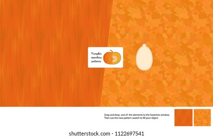 Food patterns, vegetable, flat vector illustration - pumpkin texture - small cut pumpkin, seed image and two seamless patterns of uneven pumpkin fresh pulp and dark orange geometrical rind