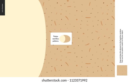 Food patterns, vegetable, flat vector illustration - potato peel texture - small cut potato image and a seamless pattern of uneven potato rind