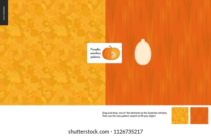 Food patterns, vegetable, flat vector illustration - pumpkin texture - small cut pumpkin, seed image and two seamless patterns of uneven pumpkin fresh pulp and dark orange geometrical rind