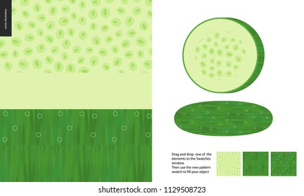 Food patterns, vegetable, flat vector illustration -cucumber seamless texture, half of cucumber image and two patterns of cucumber fresh pulp full of white greenish seeds and dark green fresh rind.