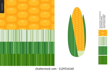 Food patterns, vegetable, flat vector illustration -corn seamless textures, a corncob image and fourpatterns of corn fresh pulp and striped leaf textures of different tones - from white to dark green