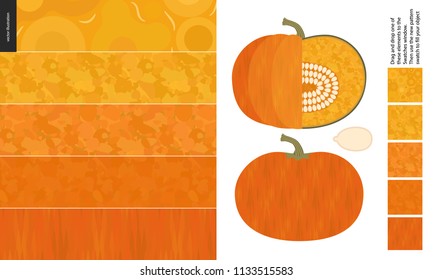 Food patterns, vegetable, flat vector illustration - pumpkin texture - small cut pumpkin, seed image and five seamless patterns of uneven pumpkin fresh pulp and dark orange geometrical rind