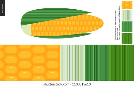 Food patterns, vegetable, flat vector illustration -corn textures, a corncob image and four seamless patterns of corn fresh pulp and three leaf textures of different tones - from white to dark green