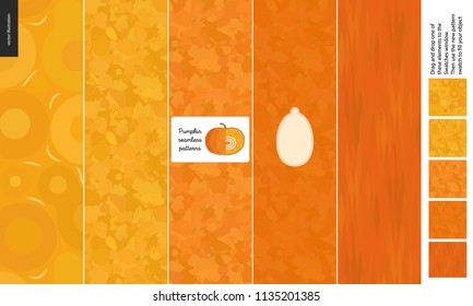 Padrões alimentares, vegetais, ilustração vetorial plana - textura de abóbora - abóbora de corte pequeno, imagem de sementes e cinco padrões sem costura de polpa fresca de abóbora irregular e casca geométrica laranja escura