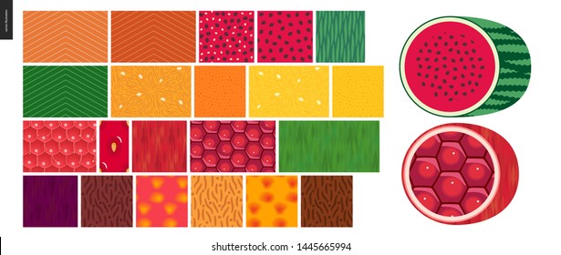 Food Patterns - Vegetable And Fruit, Flat Vector Illustrated Seamless Patterns -salmon, Watermelon,orange Peel And Pulp, Lemon, Raspberry, Strawberry, Pomegranate, Plum, Leaf, Peach, Apricot -pulp And