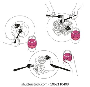 Food, people eating and drinking. Cooking Dinner table background. cartoon, illustration, clip art, vector.