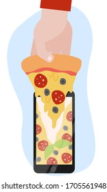 food from the phone. food delivery. hand with a slice of pizza. online order. home shopping. flat vector illustration.