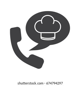 Food phone order glyph icon. Silhouette symbol. Handset with chef's hat inside speech bubble. Negative space. Vector isolated illustration