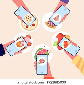 Food photo. Bloggers photography foods on phone and share in social media. Friends restaurant meeting, people group hold smartphone utter vector concept