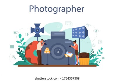 Food photographer concept. Professional photographer taking photo of food with professional camera in studio. Artistic occupation and photography courses. Isolated flat vector illustration