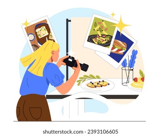 Food photographer concept. Woman photographer make photos of eating. Young girl with photographies. Creativity and art in studio. Cartoon flat vector illustration isolated on white background